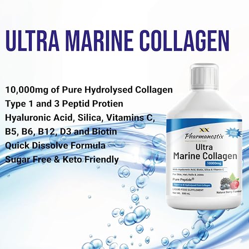 Marine Collagen Liquid 10000mg Sugar Free Berry Flavour, Hydrolysed Peptides, Hyaluronic Acid, Biotin, Silica, Vitamin C, Healthy Skin PharmanostixBuy Supplements Australia