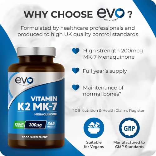 EVO NUTRITION Vitamin K2 MK-7 200mcg | 365 Vegetarian and Vegan Tablets EVO NUTRITIONBuy Supplements Australia