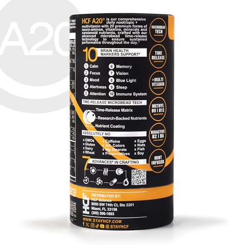 HCF A20 Microbead Brain Health Supplements for Adults for Memory, Focus, Calm, Mood, Alertness, Attention, Vision, Sleep, Immune System, 20 Premium Nootropic Nutrients Multivitamin & 7 Advances® Tech HCFBuy Supplements Australia
