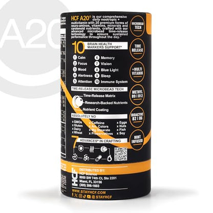 HCF A20 Microbead Brain Health Supplements for Adults for Memory, Focus, Calm, Mood, Alertness, Attention, Vision, Sleep, Immune System, 20 Premium Nootropic Nutrients Multivitamin & 7 Advances® Tech HCFBuy Supplements Australia