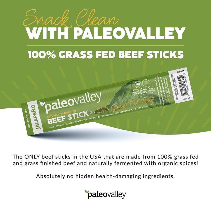 Paleovalley 100% Grass Fed Jalapeno Beef Sticks - Delicious Gluten Free Beef Snack - High Protein Keto Friendly PaleovalleyBuy Supplements Australia