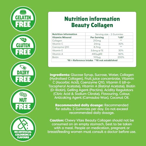 Chewy Vites Beauty Collagen 60 Gummy Vitamins |Hydrolised Collagen, CoQ10, Biotin + Vitamins | 1 Month Supply | Real Fruit Juice | Berry Flavour | 2-a-Day | CHEWY VITESBuy Supplements Australia