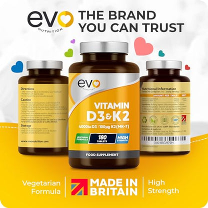 Vitamin D3 4000iu & Vitamin K2 100ug (MK7) |180 Vegetarian Tablets | 1-A-Day | 6 Month EVO NUTRITIONBuy Supplements Australia