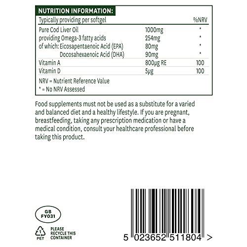 Natures Aid Cod Liver Oil, 1000 mg, 180 Softgel Capsules (High Strength, 254 mg Omega natures aidBuy Supplements Australia