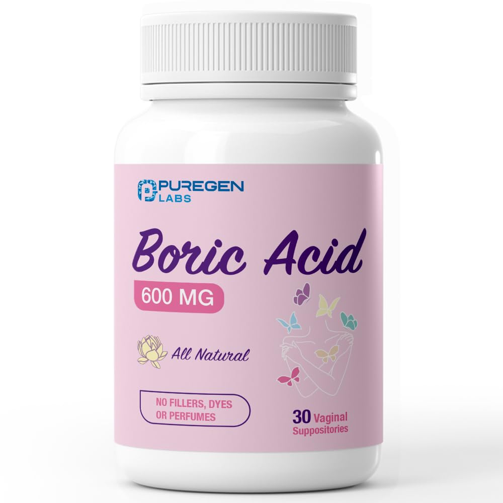 Puregen Labs Boric Acid 600 mg Vaginal Suppositories - 100% Pure | All Natural Without Dyes or Fillers | Made in USA - Supports Vaginal pH Balance and Odor Control (30 Count) P Puregen LabsBuy Supplements Australia