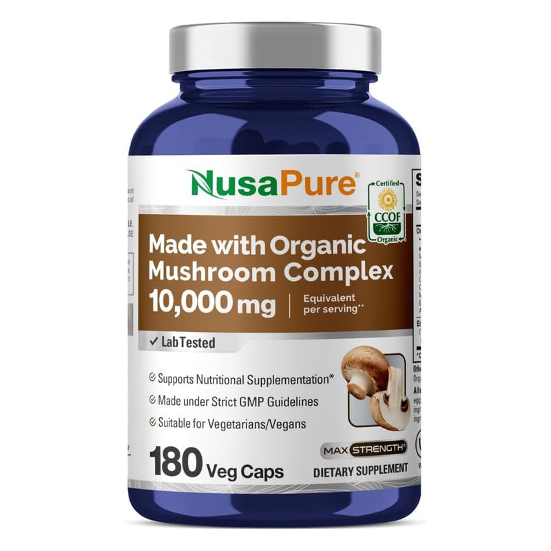 NusaPure Organic Mushroom Complex 10,000mg per Capsule, 180 Veggie Caps, Non-GMO, Enoki, Turkey Tail, Reishi, Chaga, Maitake NusaPureBuy Supplements Australia