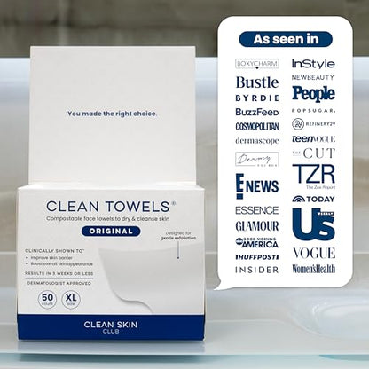 Clean Skin Club Clean Towels XL®, 100% USDA Biobased Face Towel, Disposable Face