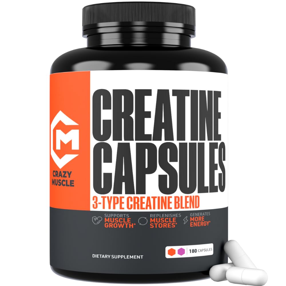 Creatine Capsules, 5g Premium 3X ThreeAtine Pre Workout Bulk Muscle Mass Gainer, High Absorption Easy to Take Creatine Monohydrate Pills Alternative Optimum Performance for Men Women, 180 Capsules Crazy MuscleBuy Supplements Australia