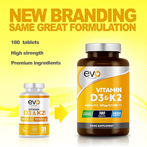 Vitamin D3 4000iu & Vitamin K2 100ug (MK7) |180 Vegetarian Tablets | 1-A-Day | 6 Month EVO NUTRITIONBuy Supplements Australia