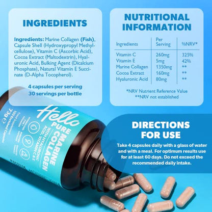Marine Collagen Capsules - 1855mg - 120 Capsules - Enriched with Hyaluronic Acid & Vitamins C & E Hello PureBuy Supplements Australia