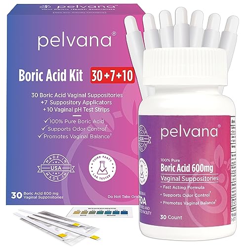 Pelvana Boric Acid Suppositories for Women 30 + 7 Applicators + 10 pH Test Strips