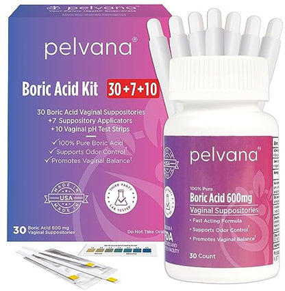 Pelvana Boric Acid Suppositories for Women 30 + 7 Applicators + 10 pH Test Strips