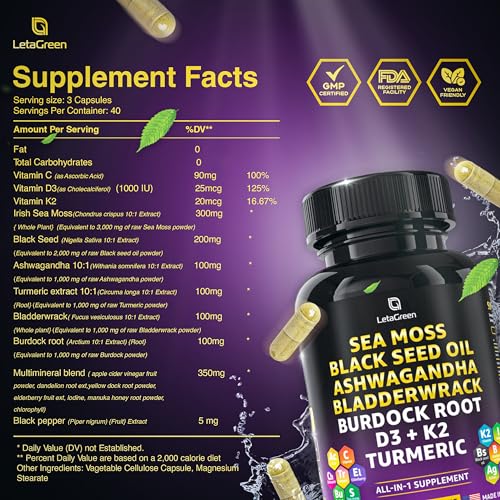 LetaGreen Irish Sea Moss Capsules – 120 Wildcrafted Sea Moss Pills with Black Seed Oil LetaGreenBuy Supplements Australia