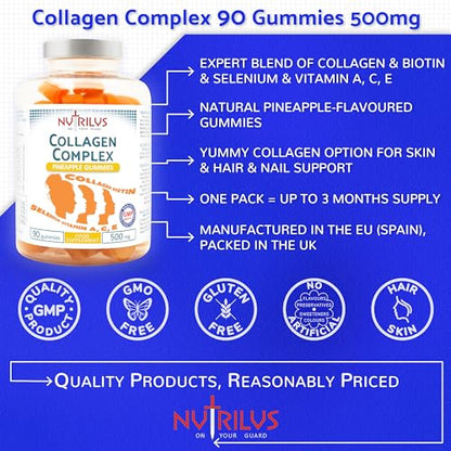 Collagen Complex 90 Natural Pineapple Gummies 500mg - Large Pack - with Biotin & Selenium NutrilusBuy Supplements Australia