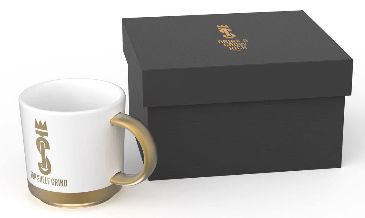 Top Shelf Grind Coffee Mug - The Prosperity Cup (Drink & Grow Rich) - White & Gold Join Top Shelf GrindBuy Supplements Australia