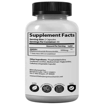 Research Labs Liposomal NMNH (NMN Supplement Alternative) 500mg Per Serving | 60 Capsules (Dihydronicotinamide Mononucleotide) NAD Supplement to Boost NAD+ Levels for Anti Aging Research LabsBuy Supplements Australia