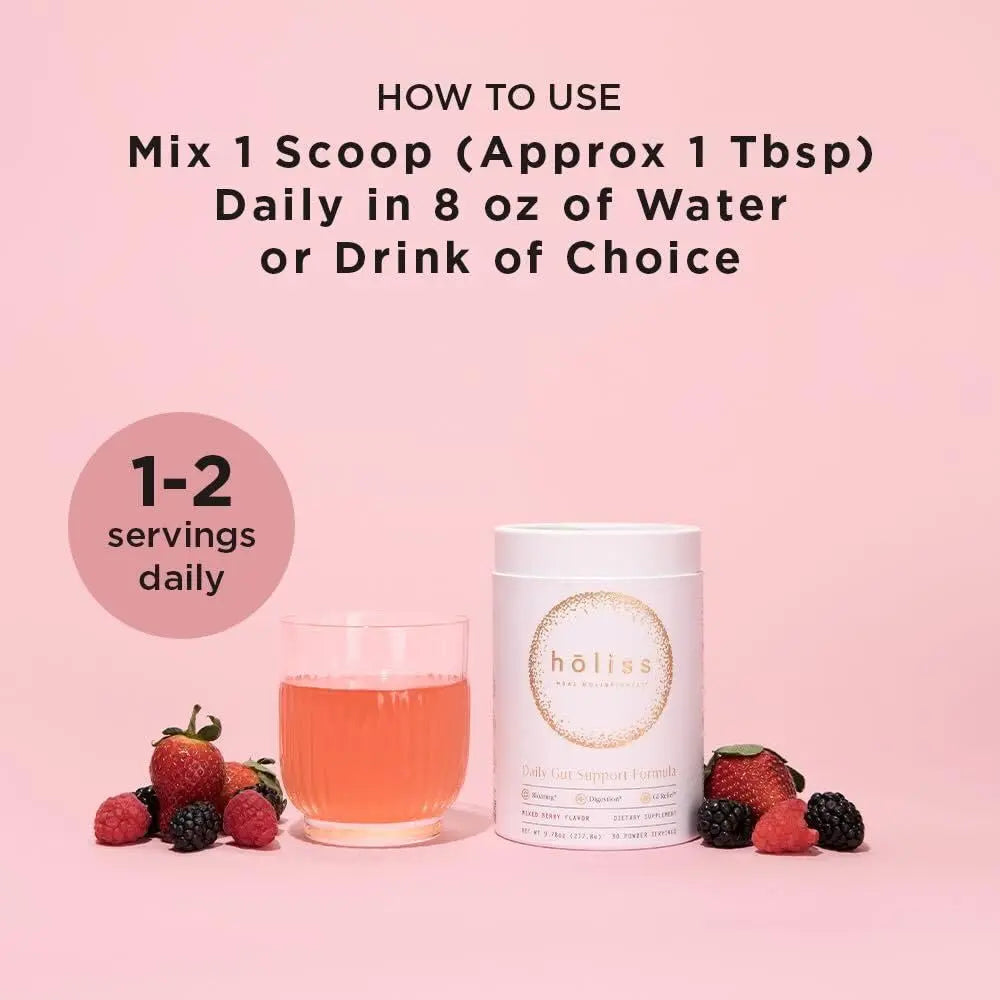 HOLISS Daily Gut Health Kit – 6-in-1 All Natural Supplement, Bloat & Gas Aid, GI Lining Repair, IBS Support – Lemon Balm, L-Glutamine, PepZinGI, Mixed Berry, 30 Servings, Electric Mixer & Spoon HOLISSBuy Supplements Australia