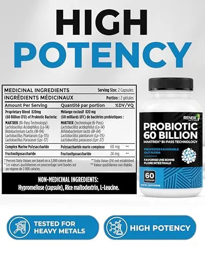 Renew Actives Probiotic Supplement for Digestive Health 60 Billion CFU per 2 Capsules - Advanced Formula with Prebiotic Benefits - Supports Gut Flora Balance & Wellness - Made in Canada - 60 Capsules Renew ActivesBuy Supplements Australia
