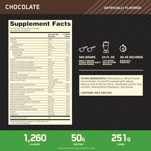 Optimum Nutrition Serious Mass, Weight Gainer Protein Powder, Chocolate, 6 Pound Optimum NutritionBuy Supplements Australia