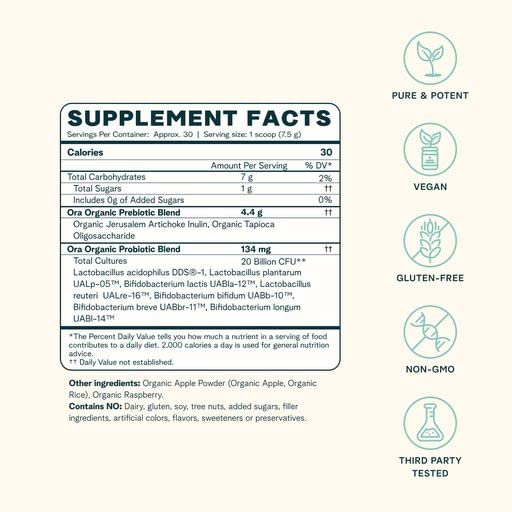 Ora Organic Prebiotic and Probiotic Powder Supplement - 20 Billion Probiotics, 7 Strains for Best Prebiotic Powder, Non-GMO, Probiotics for Women, Men & Kids - Apple Raspberry Flavor, 30 Servings… Ora OrganicBuy Supplements Australia