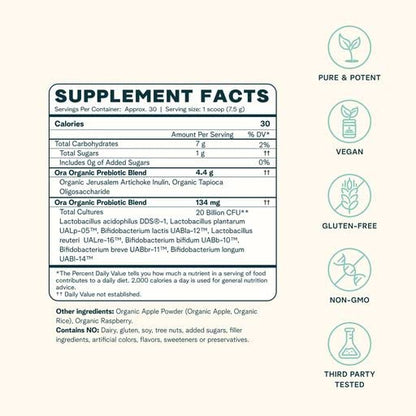 Ora Organic Prebiotic and Probiotic Powder Supplement - 20 Billion Probiotics, 7 Strains for Best Prebiotic Powder, Non-GMO, Probiotics for Women, Men & Kids - Apple Raspberry Flavor, 30 Servings… Ora OrganicBuy Supplements Australia