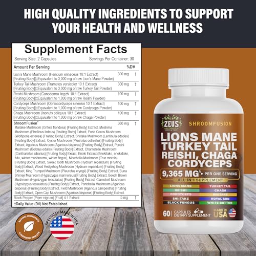 Zeus Naturals Lions Mane Capsules, Mushroom Supplement with Turkey Tail, Cordyceps Zeus NaturalsBuy Supplements Australia