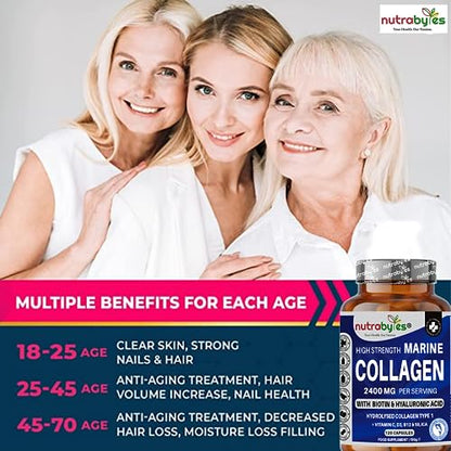 High Strength Marine Collagen 2400mg with Hyaluronic Acid 100mg, Biotin, Vitamin C, D3, B12 and Silica NUTRABYTESBuy Supplements Australia