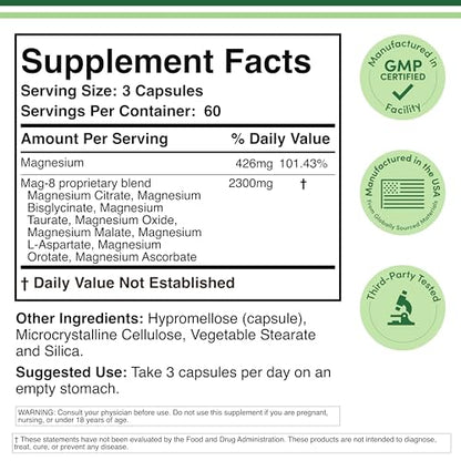 Magnesium Complex Supplement 180 Capsules (426mg Elemental Magnesium Provided by 2,300mg of Eight Different Forms of Magnesium) MAG-8 Provides 100% Daily Recommended Value of Magnesium by Double Wood Double Wood SupplementsBuy Supplements Australia