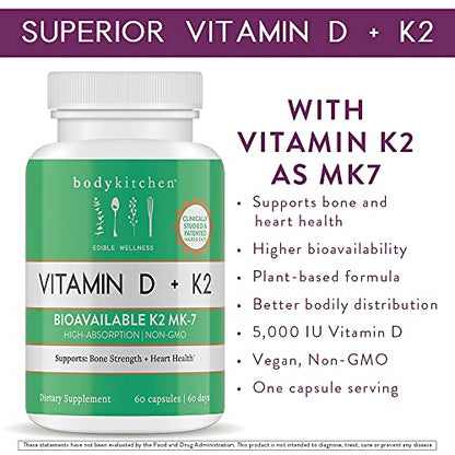 Body Kitchen Vegan Plant-Based Vitamin D3 + K2 (MK7) Supplement, Bone and Heart Body KitchenBuy Supplements Australia