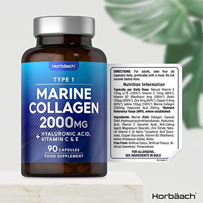 Marine Collagen Capsules | with Hyaluronic Acid, Vitamin C & E | 2000mg | High Strength Type 1 Collagen HorbäachBuy Supplements Australia