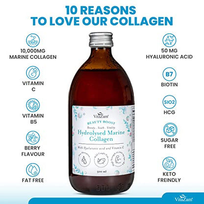 VitaZam Marine Collagen Liquid 10000mg with Hyaluronic Acid, Hydrolysed Peptide, Biotin for Hair, Skin, Nails, Joint, and Muscles, 500 ml VitaZamBuy Supplements Australia