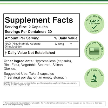 Double Wood Supplements NAD+ Anti Aging & Cell Regeneration | 500mg of 95% Pure NAD Plus Per Serving, 30 Day Supply | Similar to Nicotinamide Riboside