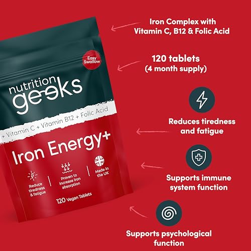 Iron Tablets High Strength Tablets with Vitamin C, B12 & Folic Acid - 120 Vegan Supplement Nutrition GeeksBuy Supplements Australia