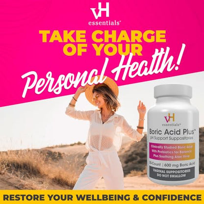 vH essentials Boric Acid Plus Vaginal Suppositories, Prebiotic Infused with Soothing Aloe Vera, pH vH essentialsBuy Supplements Australia