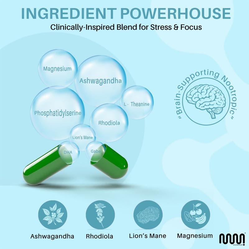mastermedi Cortisol Supplements for Women and Men Support with Magnesium, Ashwagandha, Lion’s Mane & GABA – Adaptogenic Stress Relief & Mood Support – Non-GMO, No Fillers, Gluten-Free mastermediBuy Supplements Australia
