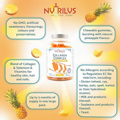 Collagen Complex 90 Natural Pineapple Gummies 500mg - Large Pack - with Biotin & Selenium NutrilusBuy Supplements Australia
