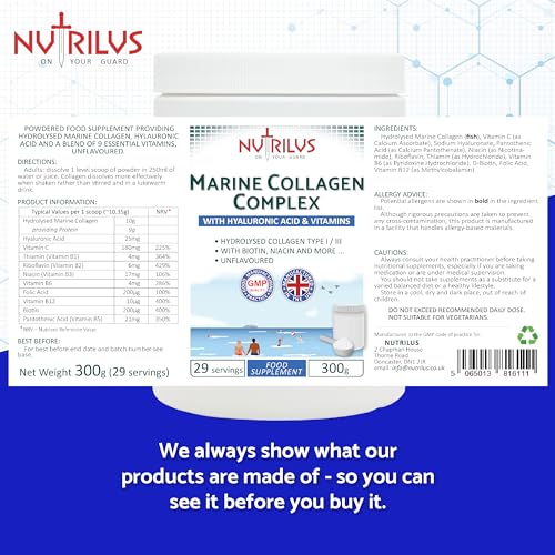 Hydrolysed Marine Collagen Powder 300g with Hyaluronic Acid and Vitamins - 29 Servings NutrilusBuy Supplements Australia