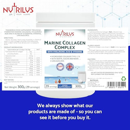Hydrolysed Marine Collagen Powder 300g with Hyaluronic Acid and Vitamins - 29 Servings NutrilusBuy Supplements Australia