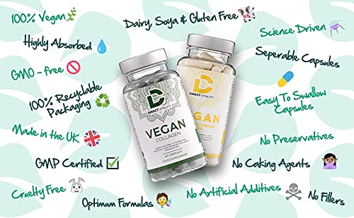 Vegan Collagen Supplement - 1400mg, Spirulina, L-Lysine, L-Proline, Acerola Cherries , Vitamin C & B12, Zinc, Hyaluronic Acid, UK Made D Direct VitalityBuy Supplements Australia