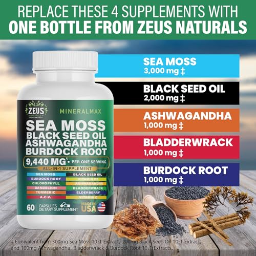 Sea Moss Capsules with Black Seed Oil, Burdock Root, Bladderwrack, Turmeric, Ashwagan Zeus NaturalsBuy Supplements Australia