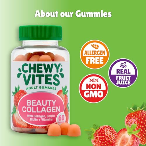 Chewy Vites Beauty Collagen 60 Gummy Vitamins |Hydrolised Collagen, CoQ10, Biotin + Vitamins | 1 Month Supply | Real Fruit Juice | Berry Flavour | 2-a-Day | CHEWY VITESBuy Supplements Australia