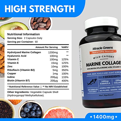 Marine Collagen 1400mg | 120 Capsules with Biotin, Hyaluronic Acid, Vitamin C, E, B2, Zinc, Copper & Iodine Miracle GreensBuy Supplements Australia