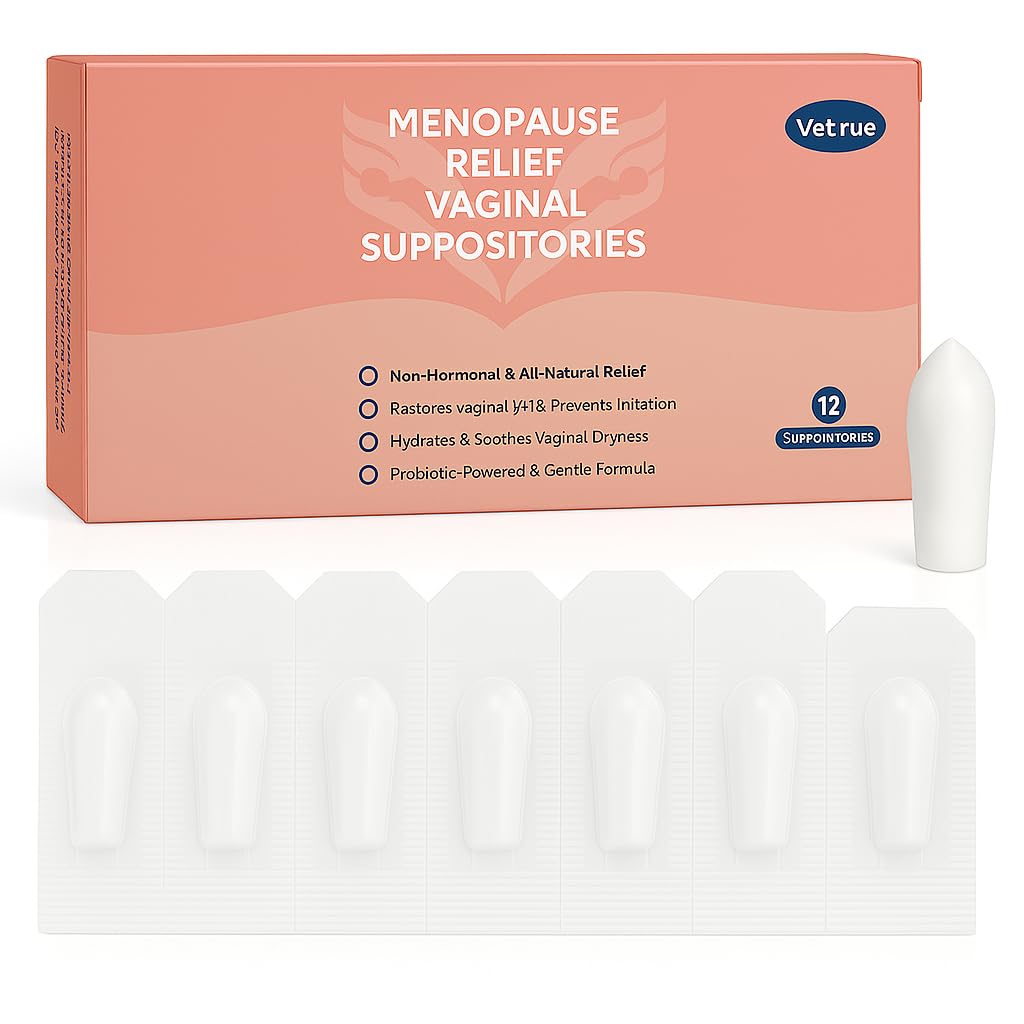 Vetrue Menopause Relief Vaginal Suppositories, Non-Hormonal, All-Natural Formula with Boric Acid, Hyaluronic Acid, Probiotics, Coconut Oil & Vitamin E, Soothes Vaginal Dryness & Discomfort(12 Inserts) vetrueBuy Supplements Australia