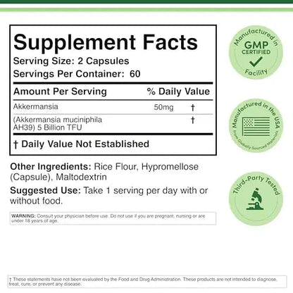 Akkermansia Probiotic and Postbiotic (Increases GLP-1 Production) 120 Capsules, 50mg per Serving (Third Party Tested to 5 Billion TFU per Serving, 50 Billion CFU per Gram) by Double Wood Double Wood SupplementsBuy Supplements Australia
