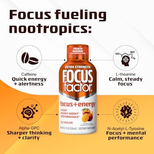 Focus Factor Extra Strength Focus + Energy Shots - 12 x 2oz Bottles (Peach Mango Flavor) - Powered by Nootropics with Caffeine, L-Theanine, Ginkgo, Bacopa, L-Tyrosine, Alpha GPC Focus FactorBuy Supplements Australia