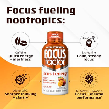Focus Factor Extra Strength Focus + Energy Shots - 12 x 2oz Bottles (Peach Mango Flavor) - Powered by Nootropics with Caffeine, L-Theanine, Ginkgo, Bacopa, L-Tyrosine, Alpha GPC Focus FactorBuy Supplements Australia