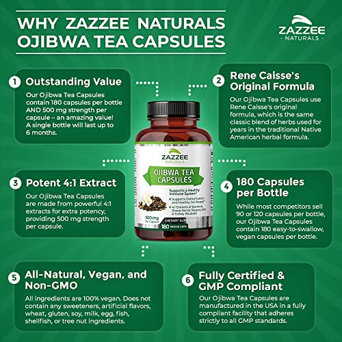 Zazzee Extra Strength Ojibwa Tea 500 mg, 180 Vegan Capsules, Rene Caisse's Original ZazzeeBuy Supplements Australia