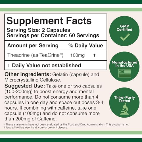 Theacrine (Teacrine) 100 Mg, 60 Capsules - Energy and Focus Supplement (Similar to Caffe Double Wood SupplementsBuy Supplements Australia