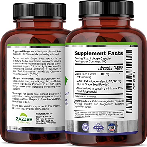 Zazzee High Strength Grape Seed 50:1 Extract, 20,000 mg Strength, 180 Vegan Capsules ZazzeeBuy Supplements Australia