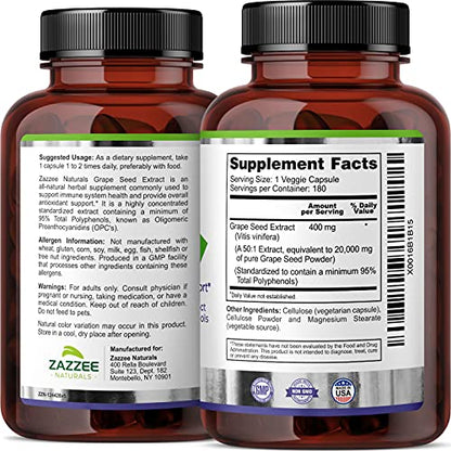 Zazzee High Strength Grape Seed 50:1 Extract, 20,000 mg Strength, 180 Vegan Capsules ZazzeeBuy Supplements Australia